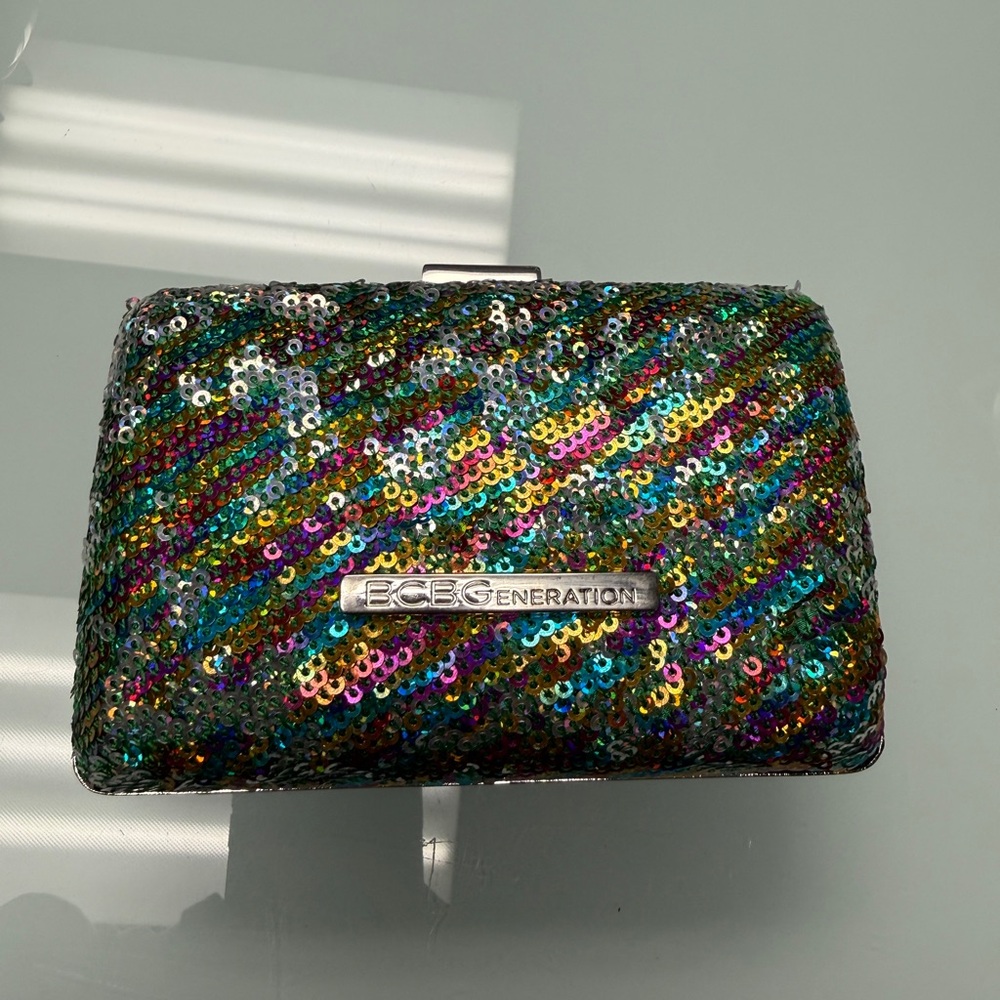 BCBGeneration Vibrant Multi Color Sequin Clutch with Silver Chain